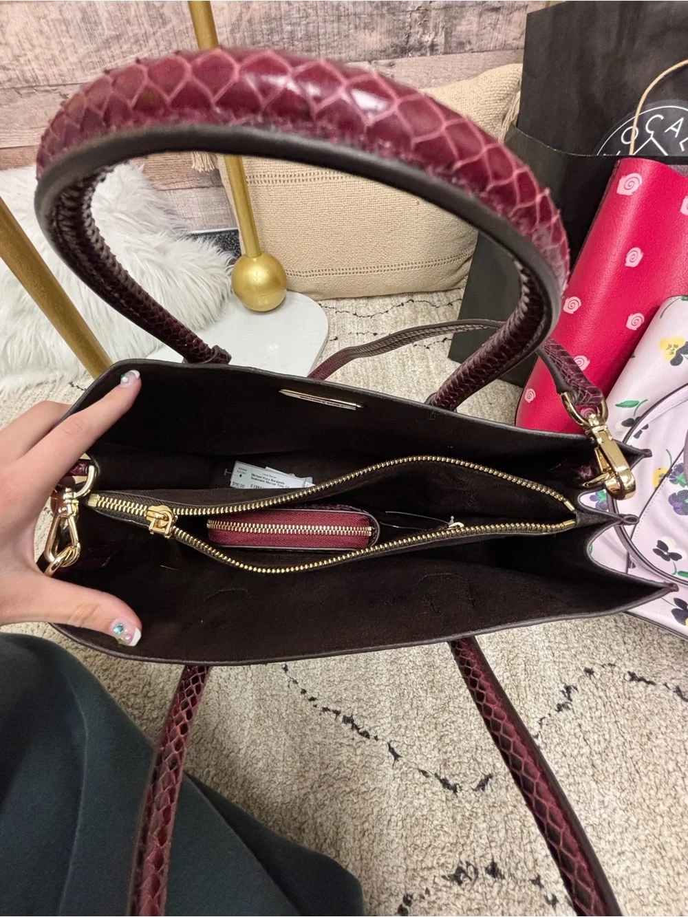 Michael Kors Burgundy Snake Skin Mercer Tote